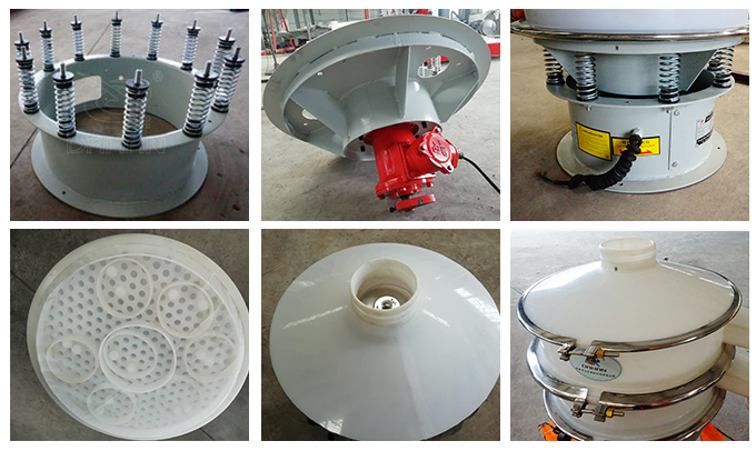 塑料振動篩彈簧底座安裝，振動電機安裝，篩網(wǎng)，防塵蓋等安裝圖片展示
